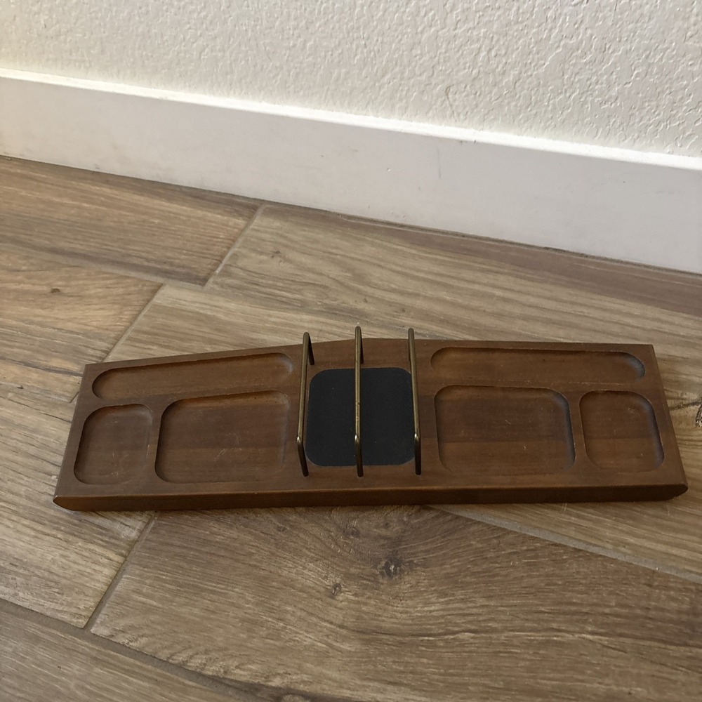 Vtg Mens Solid Wood Dresser Valet Caddy Walnut MCM Made In USA Extra Long 17.5"
